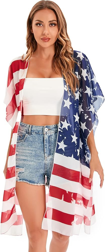 DDSOL Women's American Flag Kimono Cover up Beachwear Cardigan Loose Tops Shirt Blouse | Amazon (US)