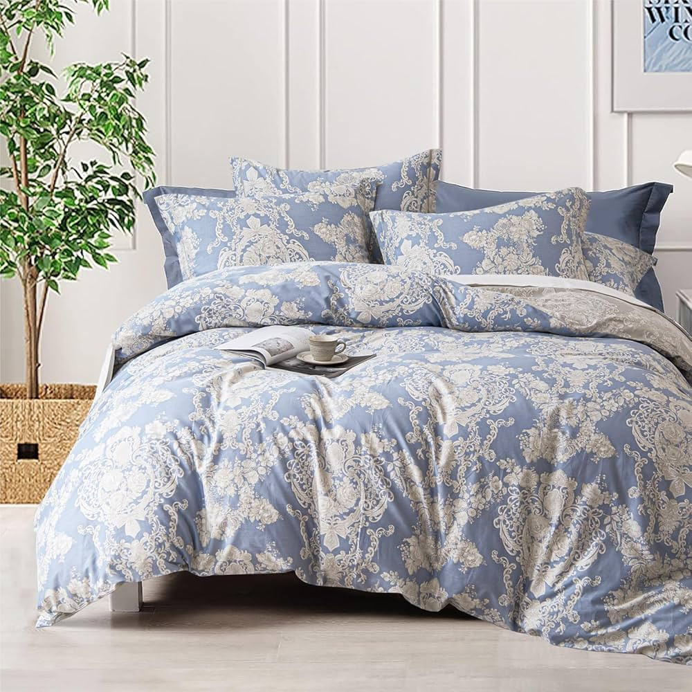 ALEISSEL 100% Natural Cotton 3pcs Floral Duvet Cover Sets-Grayish Blue Duvet Cover with Luxurious... | Amazon (US)