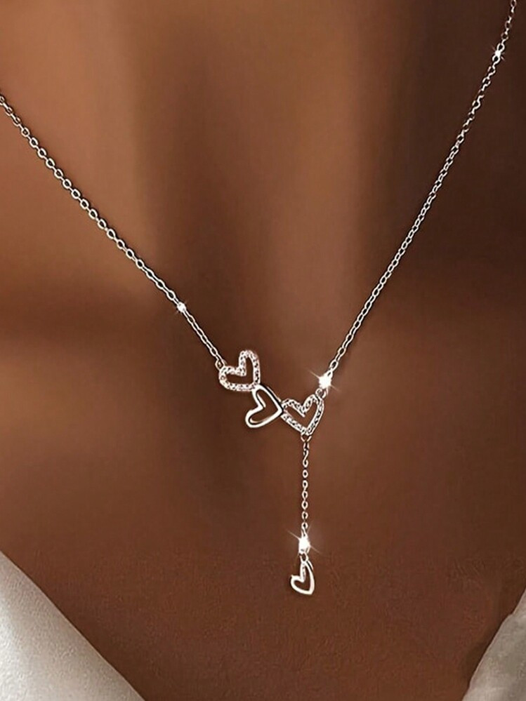 1pc Elegant Minimalist Rhinestone Triple Heart Tassel Pendant Necklace, Luxury Versatile Design S... | SHEIN