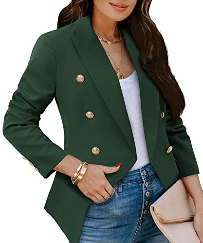 CRAZY GRID Womens Double Breasted Business Casual Suit Jacket - Long Sleeve Dressy Blazer with Gold Buttons - Ladies Work Office Blazer in Green, Medium Size | Amazon (US)