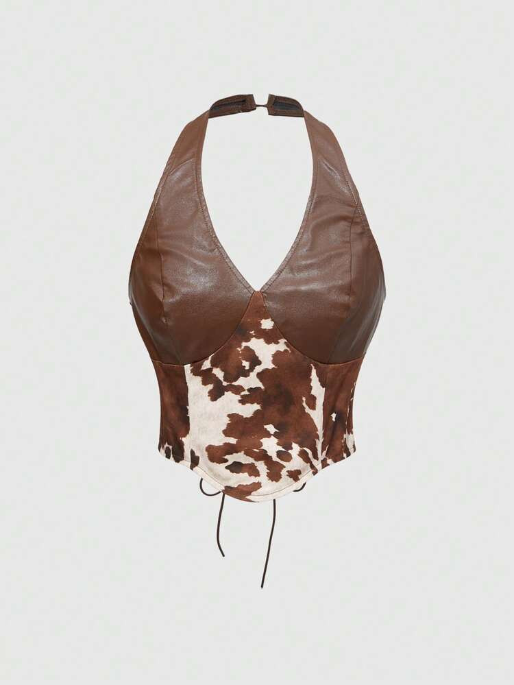 ROMWE Grunge Punk Vintage Western Animal Print Patchwork PU Halter Neck Tank Top For Women | SHEIN