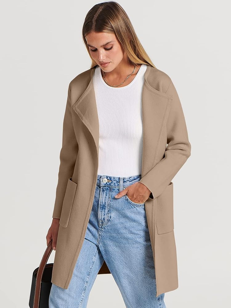 ANRABESS Women's Open Front Knit Cardigan Long Sleeve Lapel Casual Solid Classy Sweater Jacket | Amazon (US)