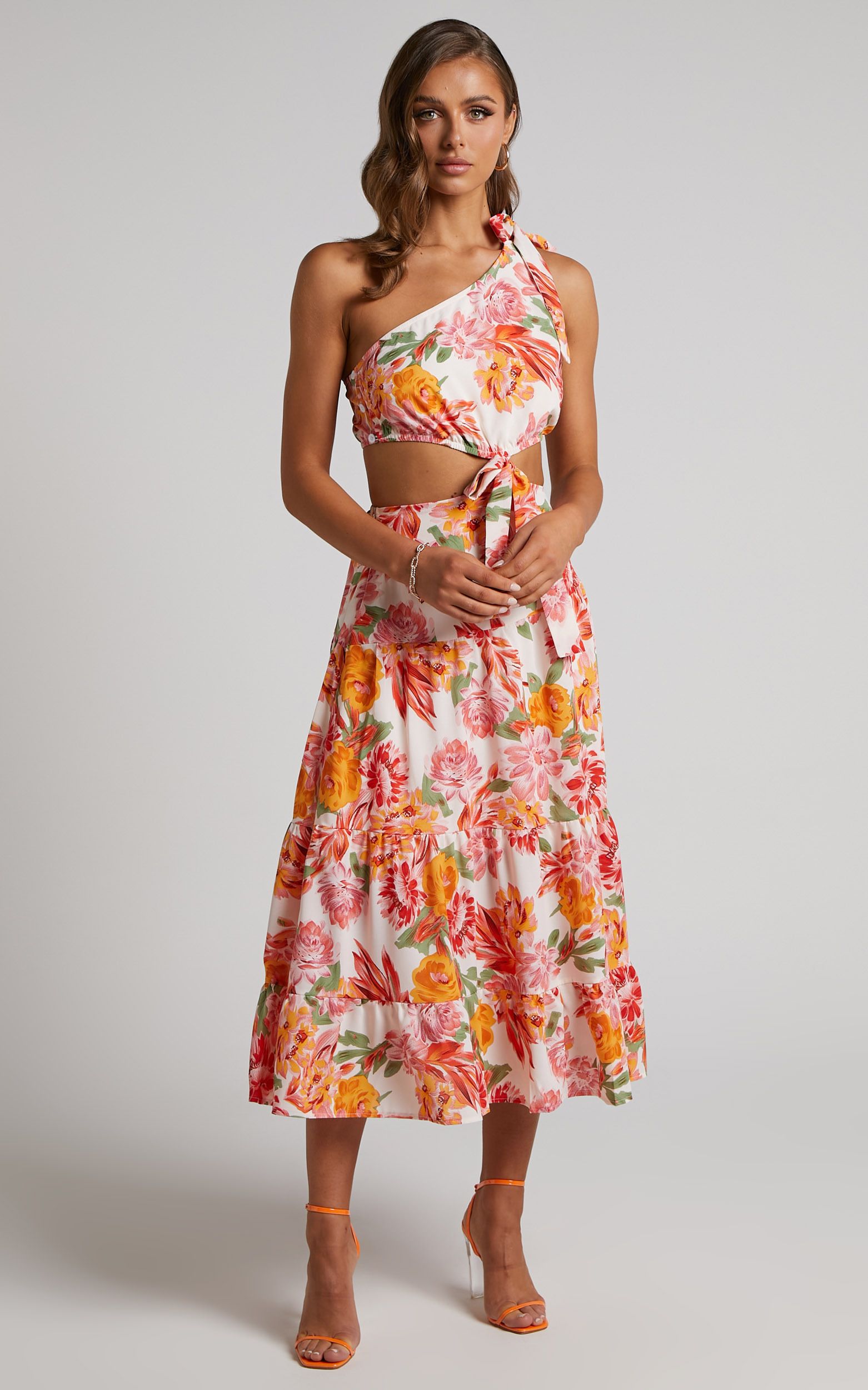 Amabella Maxi Dress - Tie One Shoulder Cut Out Dress in Orange Floral | Showpo (US, UK & Europe)