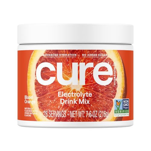 Cure Hydration | Plant-Based Electrolyte Drink Mix | No Added Sugar | Dehydration Relief Powder Made with Coconut Water | Non-GMO | Vegan | 28 Servings Jar - Blood Orange | Amazon (US)