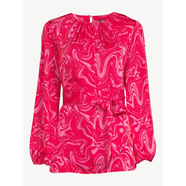 Scoop Women's Belted Blouse with Blouson Sleeves - Walmart.com | Walmart (US)