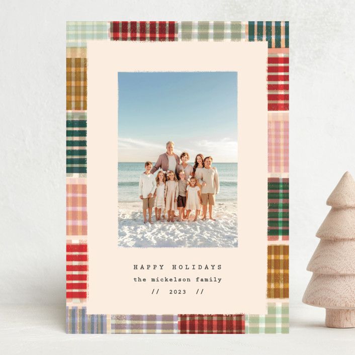 "Stamped Plaid" - Customizable Holiday Photo Cards in Beige by Julie Murray. | Minted