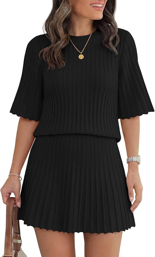 Saodimallsu Womens Sweater Sets 2 Piece Outfits Summer Half Sleeve Ribbed Knit Top and Pleated Sk... | Amazon (US)