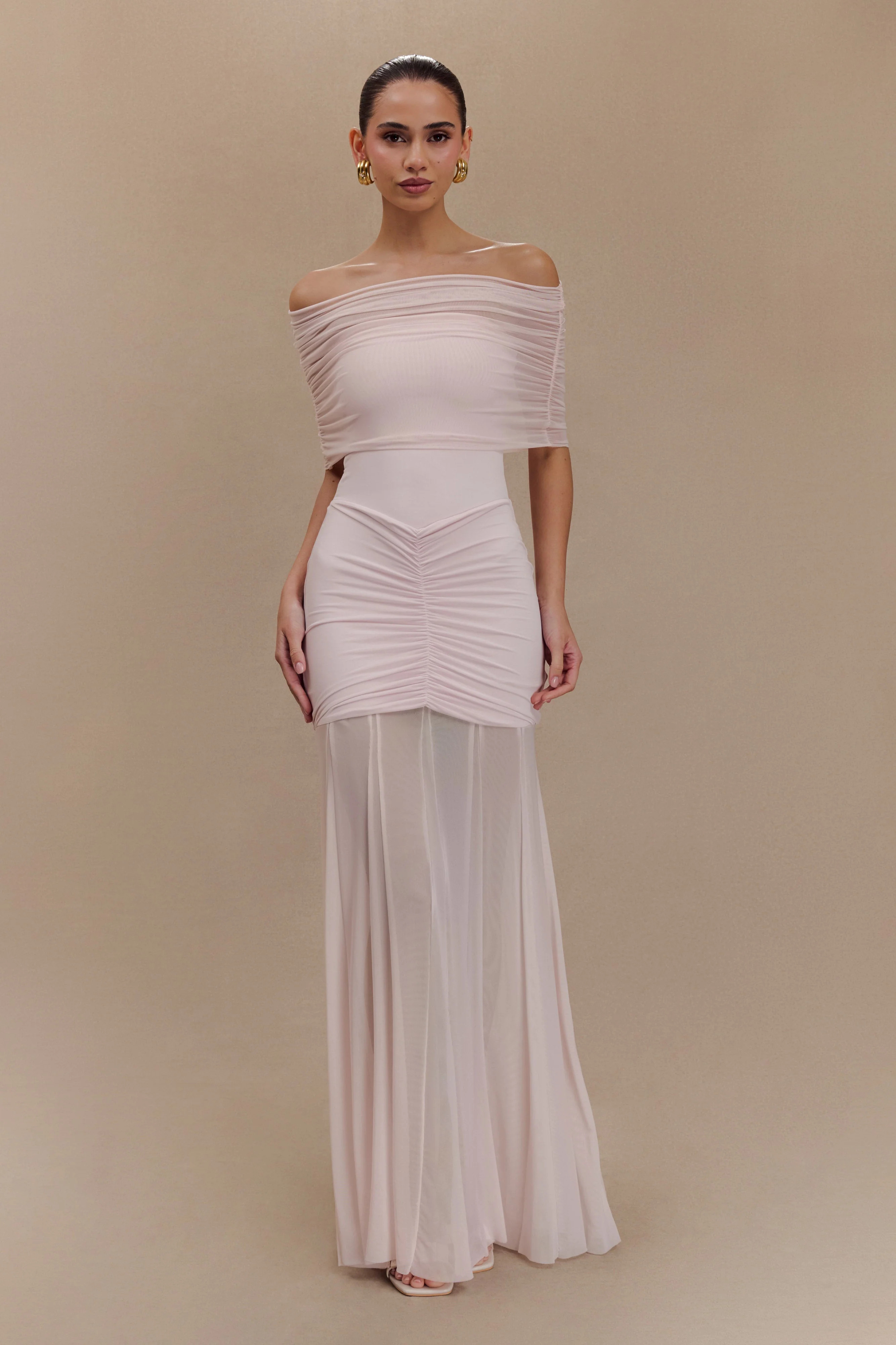 Caspian Slinky And Mesh Off Shoulder Maxi Dress - Pale Pink | MESHKI US