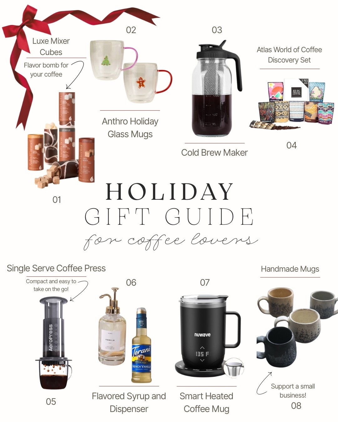 If you’re shopping for a coffee lover this year, this little guide is full of gifts they’ll actually reach for every day. I pulled together a mix of a smart heated mug, holiday mugs, a cold brew maker, a highly rated single-serve press, small-batch handmade mugs, and a few sweet extras like syrups and flavored sugar cubes from Anthropologie.

They all stand beautifully on their own, but you could also tuck several of these into a basket with some cozy filler, add a ribbon, and have the easiest (and cutest) coffee-themed gift ready to go. Everything is linked for you below.

#LTKGiftGuide #LTKHoliday