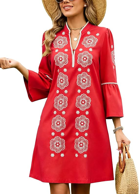 Kedera Womens Summer Embroidered Lace Floral Tunic Dress 3/4 Puff Sleeve V Neck Mini Dress with P... | Amazon (US)