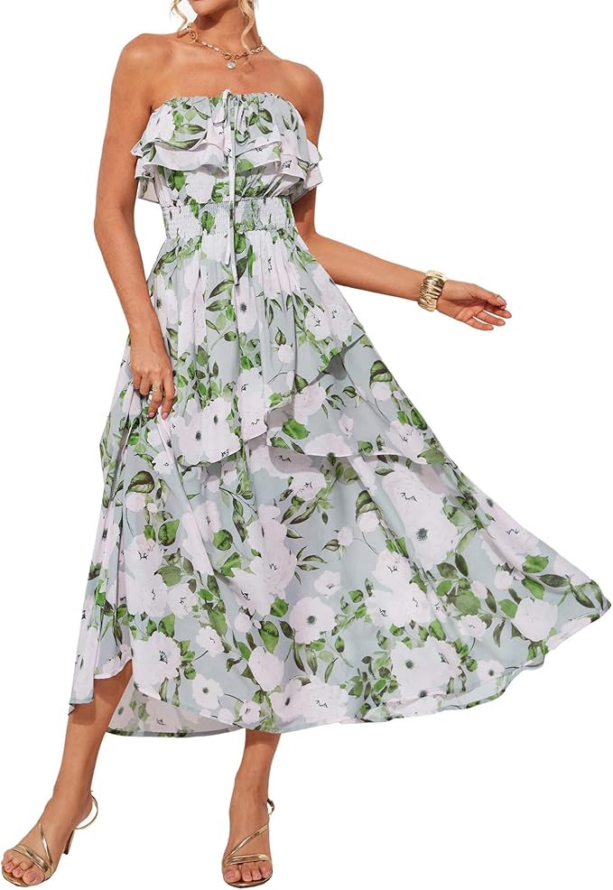 GRACE KARIN Women Summer Floral Maxi Dress Off The Shoulder Halter Sleeveless Ruffle A-Line Weddi... | Amazon (US)
