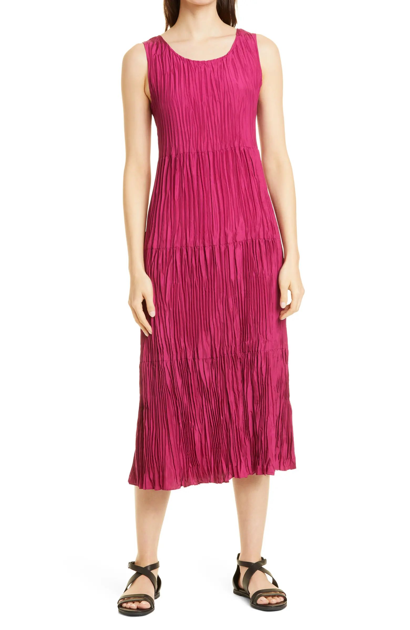 Eileen Fisher Tiered Pleated Silk Midi Dress | Nordstrom | Nordstrom