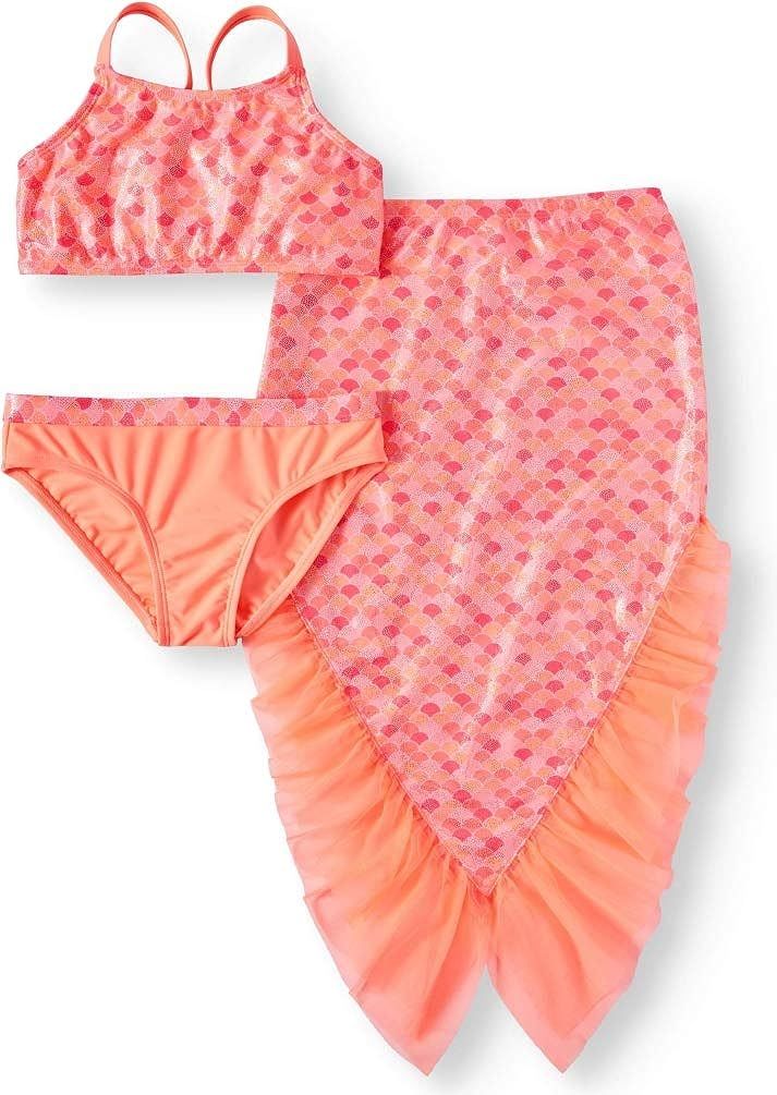 Toddler Girls Mermaid Bikini Swimsuit and Skirt Coverup, 3-Piece Set | Amazon (US)