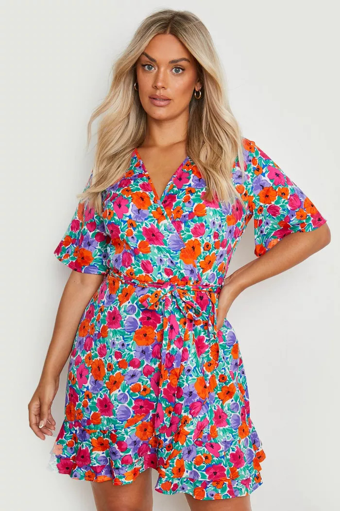 Plus Floral Print Wrap Ruffle Tea Dress | boohoo (US & Canada)