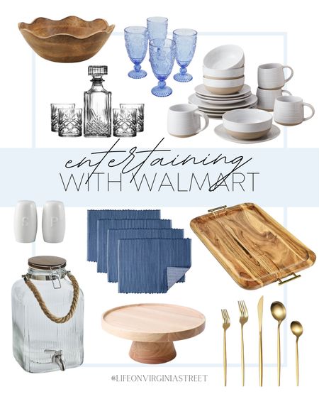 Walmart makes entertaining easy and effortless! I am loving all of these pieces and how affordable they are!

Wood bowl, wood serving tray, neutral ceramic dinnerware, blue glasses, whiskey decanter, salt and pepper shaker, coastal drink dispenser, wood cake stand, gold flatware, blue placemats

#LTKstyletip #LTKfindsunder50 #LTKhome