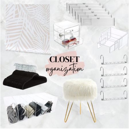 Closet organization Amazon finds
Clear storage containers 
Faux fur stool and diy wallpaper
Hangers  