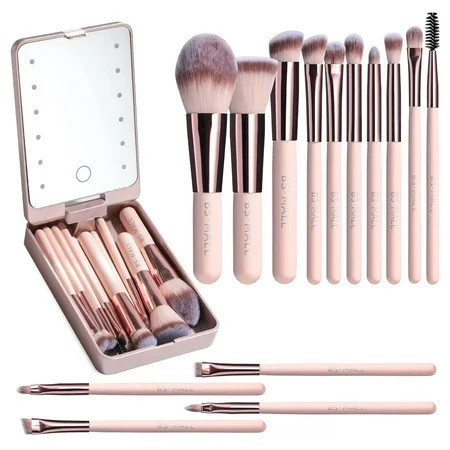 Travel Makeup Brush Set Foundation Powder Concealers Eye Shadows Makeup Set with LED light Mirror 14 Pcs Mini Makeup Brushes (PINK) | Walmart (US)