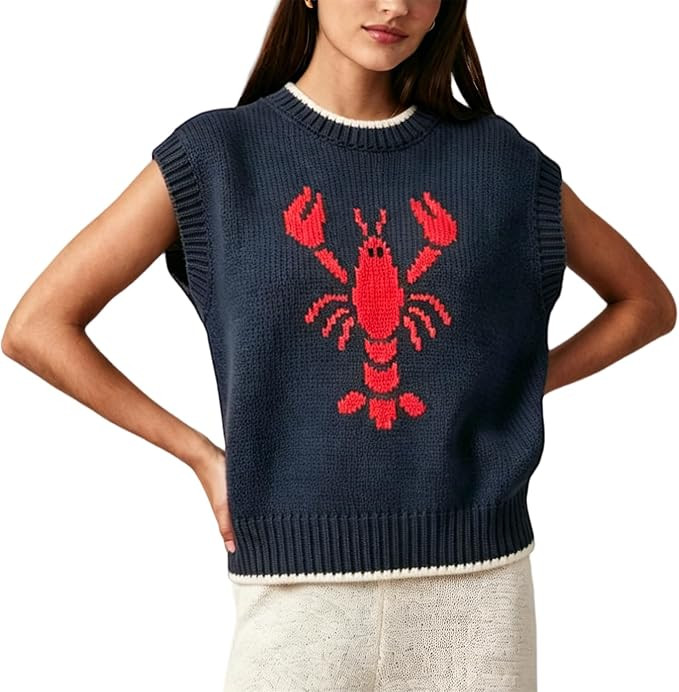Womens Lobster Knit Vest Crew Neck Cap Sleeve Knit Lobster Sweater Knitted Tank Tops Y2K Coastal ... | Amazon (US)