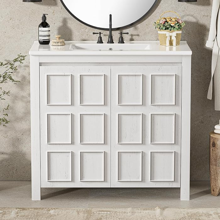 36" Bathroom Vanity,Farmhouse Vanity with Ceramic Sink, Set Bathroom Storage Cabinet, Antique Whi... | Amazon (US)