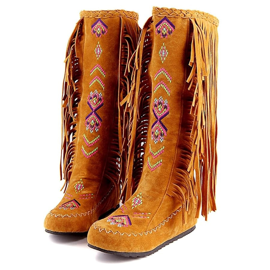 BORAMAX Women's Fringe Western Boots, Suede Embroidered Closure Fringe Mid Calf Knee High Flat Bo... | Amazon (US)