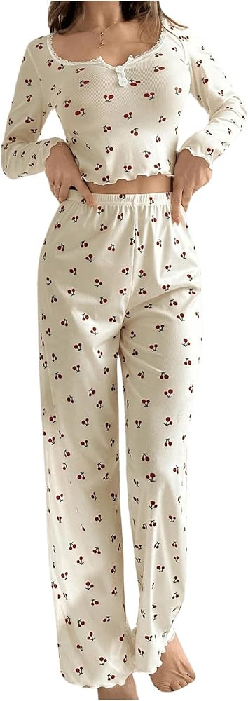 SOLY HUX Pajama Sets for Women 2 Piece Cherry Print Long Sleeve Crop Tops and Pants Sleepwear Lou... | Amazon (US)