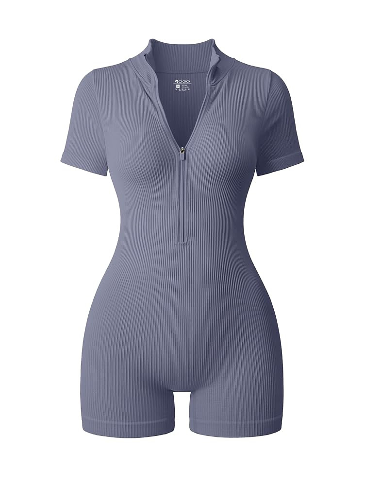 OQQ Women Rompers Ribbed Short Sleeve Zip Front Stretch Tummy Control Yoga Workout Rompers | Amazon (US)