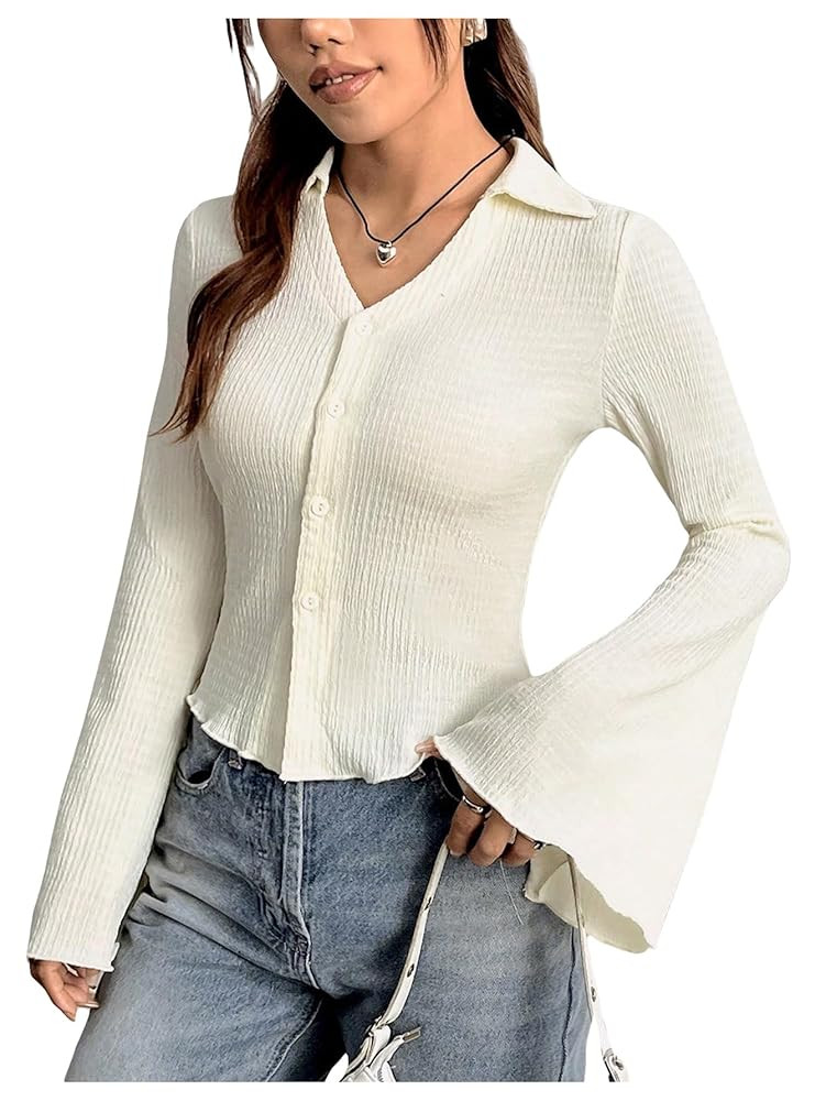 GORGLITTER Women's Long Bell Sleeve Button Down Top Lettuce Collar Shirt Work Blouse | Amazon (US)