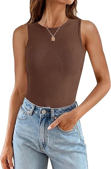 ZESICA Womens Ribbed Tank Tops Summer Sleeveless High Neck Casual Slim Fitted Basic Knit Shirts | Amazon (US)