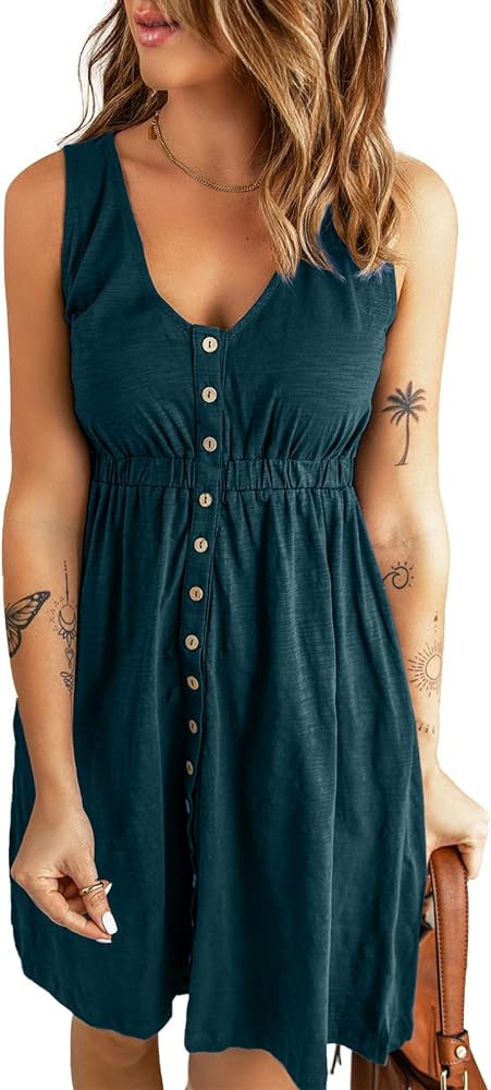 BLENCOT Women's Casual Sleeveless T-Shirt Dresses Summer V Neck Button Down Swing Short Dress | Amazon (CA)
