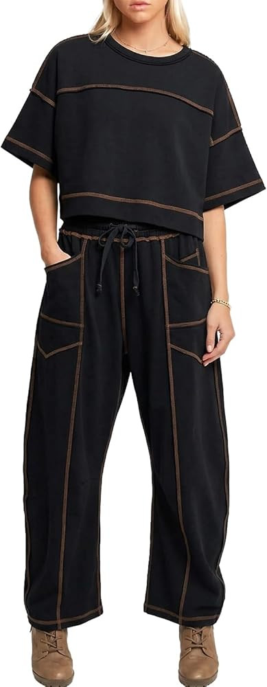 Womens 2 Pieces Sweatsuit Set Cropped Boxy T Shirt Drawstring Wide Leg Pant Travel Tracksuit Casu... | Amazon (US)