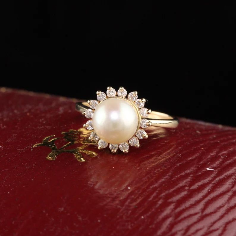 Vintage Estate 14K Yellow Gold Pearl and Diamond Halo Ring | Etsy (US)