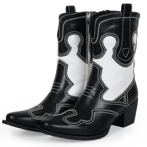 gioanroca Western Woman Cowgirl Boots with Chunky Heel Pointed Toe Cowboy Boots White Patchwork Trendy Cowboy Stitched Pointe Toe Mid Shaft Boots | Amazon (US)