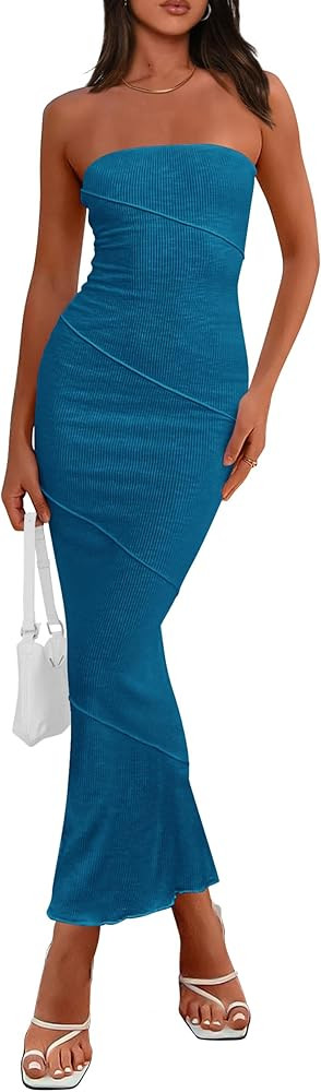 PRETTYGARDEN Women's Ribbed Maxi Bodycon Dress Summer Strapless Tube Y2K Party Club Long Dresses | Amazon (US)