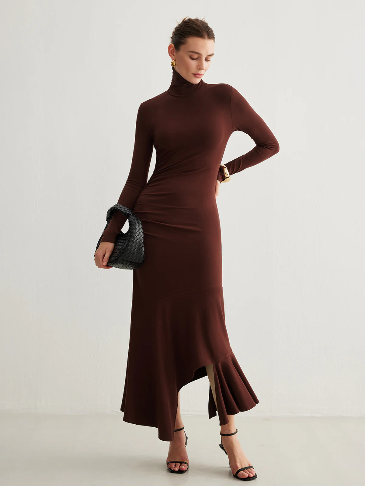Turtleneck Irregular Pleated Long Dress | Commense