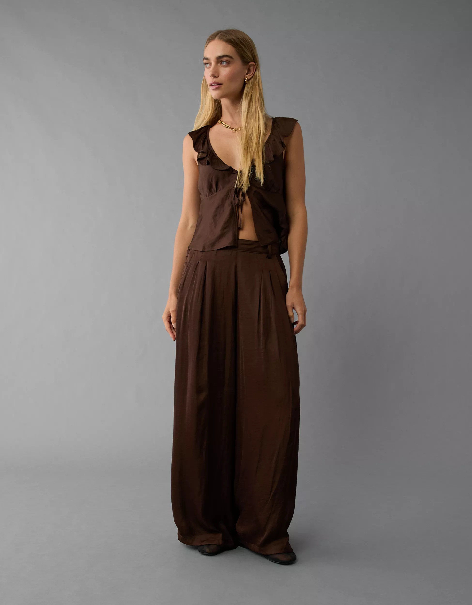 AE High-Waisted Baggy Wide-Leg Satin Look Trouser | American Eagle Outfitters (US & CA)