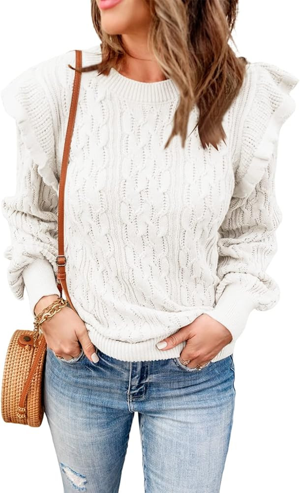 AlvaQ Womens Ruffle Long Sleeve Casual Sweaters Crew Neck Pullover Sweater Jumper Tops Fashion 20... | Amazon (US)