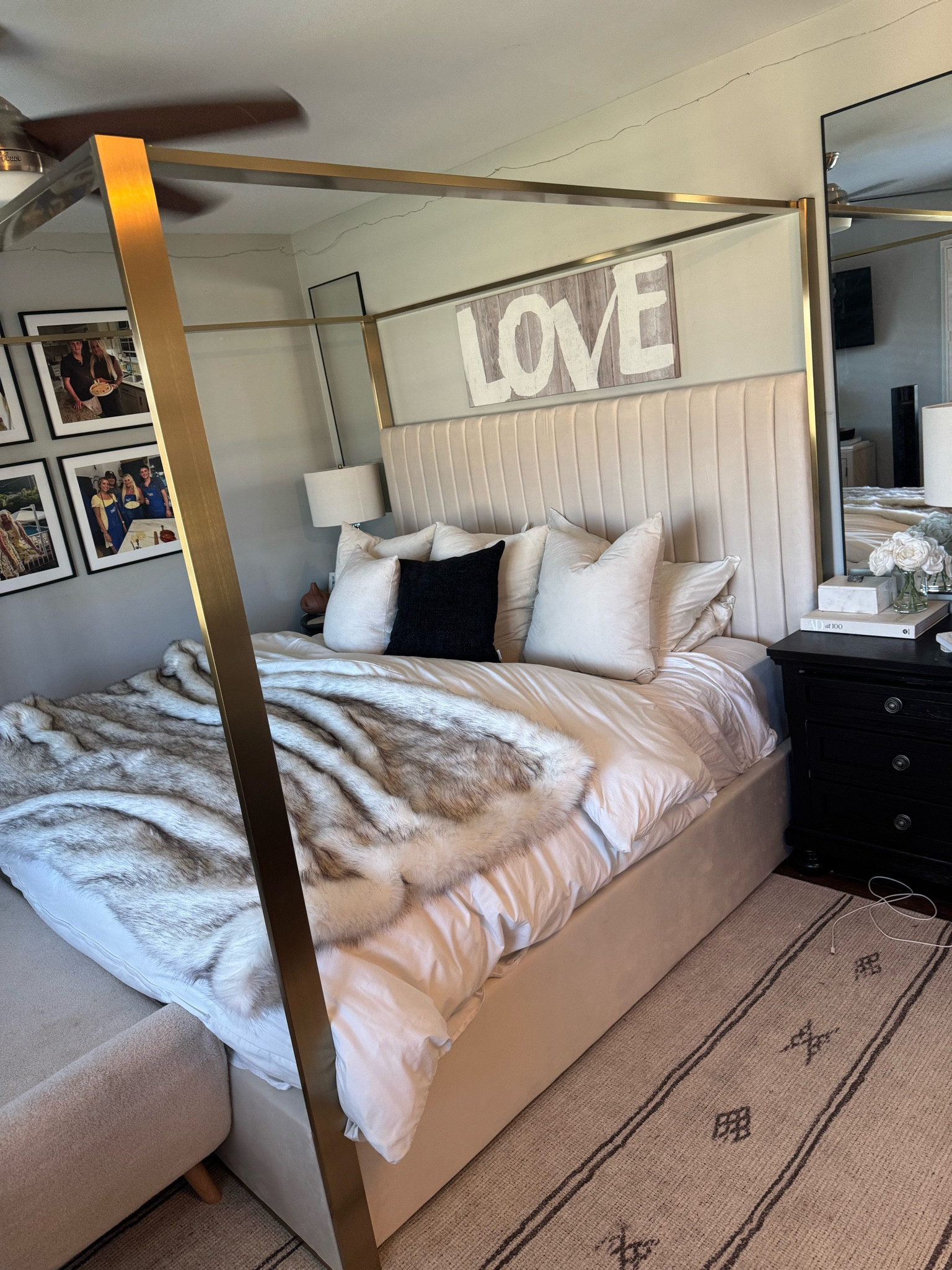I love this bedframe and this carpet that was inspired from another content creator. I tag her in my Instagram stories and if you are trying to save money, a great idea is just to paint your nightstand. I painted my nightstand from Wayfair black and I think it really made it more elegant, especially with the mirrors. 

#LTKHome #LTKSaleAlert #LTKCyberWeek