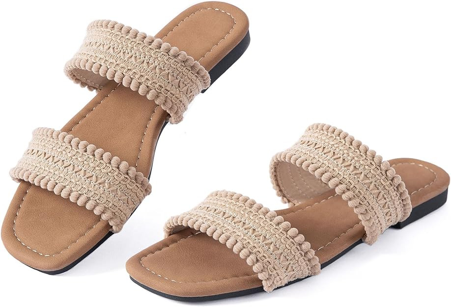 Women Flat Sandals Braided Double Strap Ladies Summer Dressy Casual Vacation Bohemian Cute Leathe... | Amazon (US)
