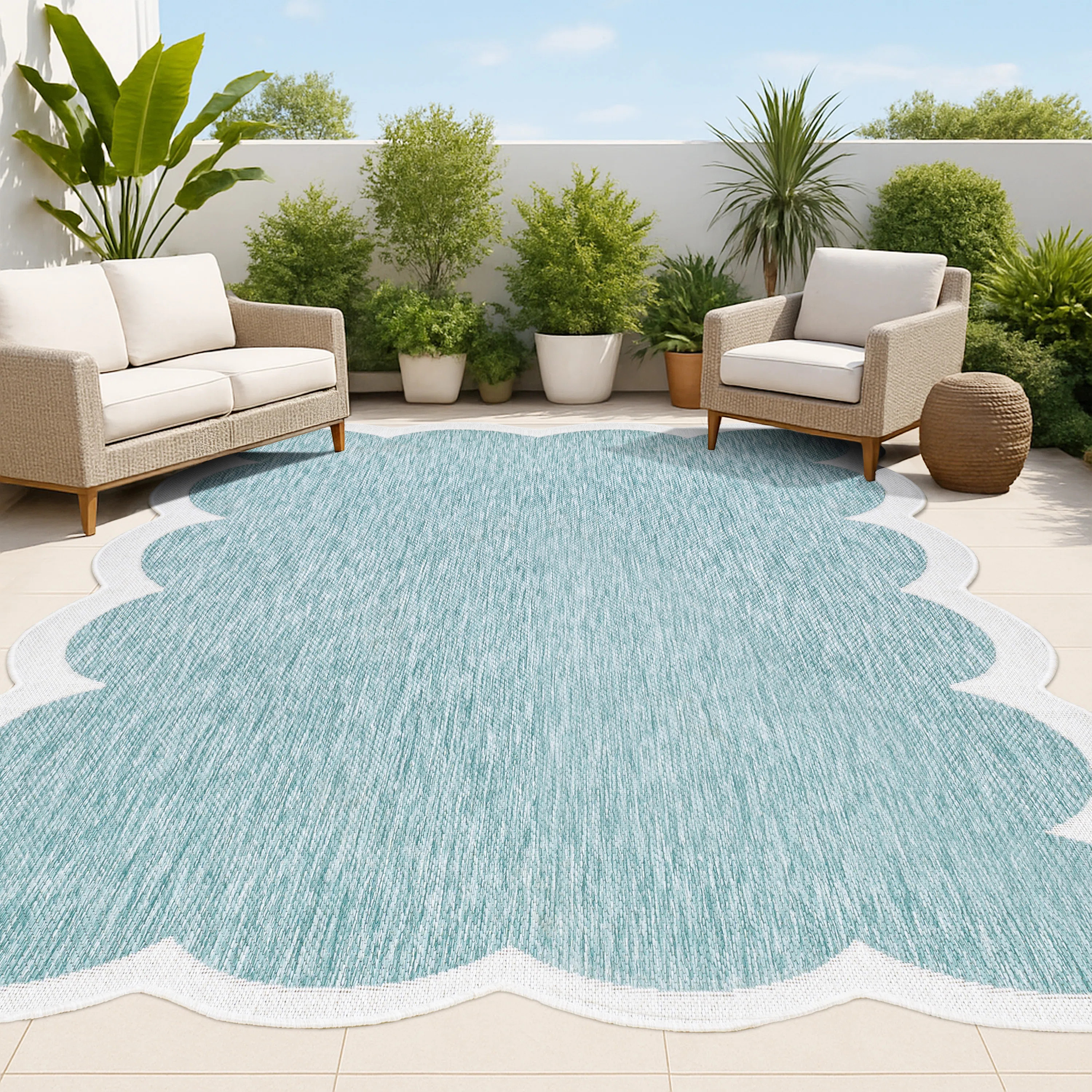 Alice Classic Cottage Two-Tone Scalloped Turquoise/Cream Indoor/Outdoor Rug | Wayfair North America