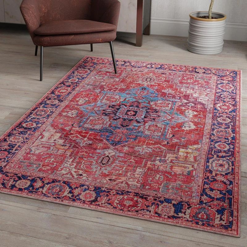 Haigh Machine Woven / Power Loomed Performance Rust Red/Blue Machine Washable Rug | Wayfair North America