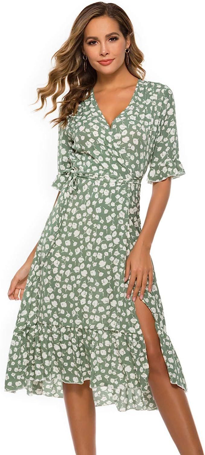 DOLDOA Womens Bohemian Summer Floral Print Wrap Casual Dress V Neck Short Sleeve Beach Party Side... | Amazon (UK)