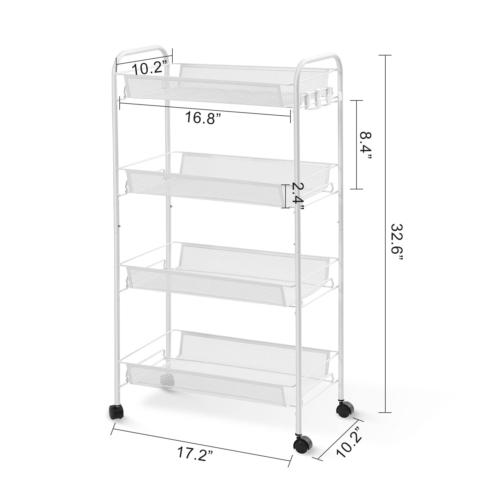 TOOLF 4-Tier Rolling Cart, Metal Utility Cart with 3 Hooks, Easy Assemble Mobile Storage Trolley ... | Amazon (US)
