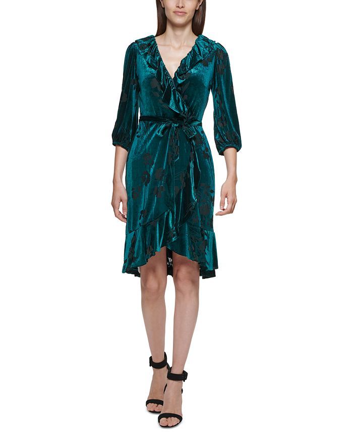 Calvin Klein Velvet Burnout Floral Ruffled Dress & Reviews - Dresses - Women - Macy's | Macys (US)