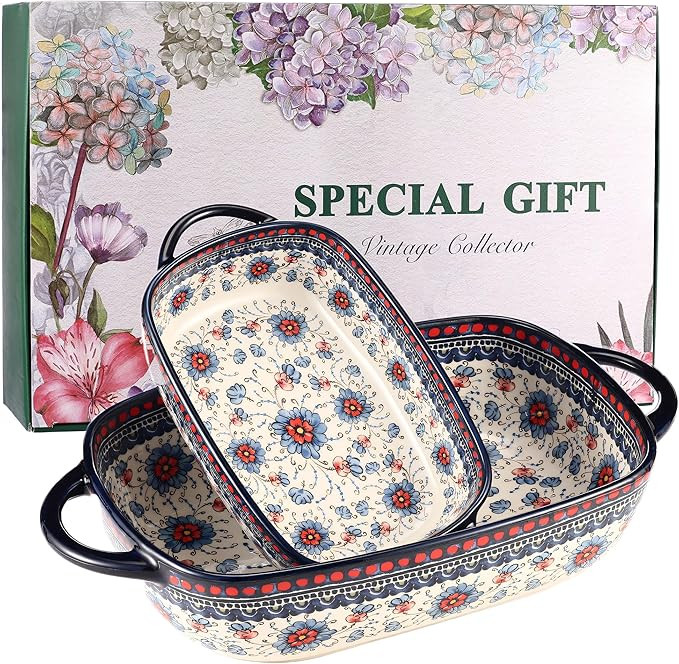 Polish Pottery Style Ceramic Baking Dish Set of 2 – Oven-Safe Decorative Casserole Dishes, Gift... | Amazon (US)