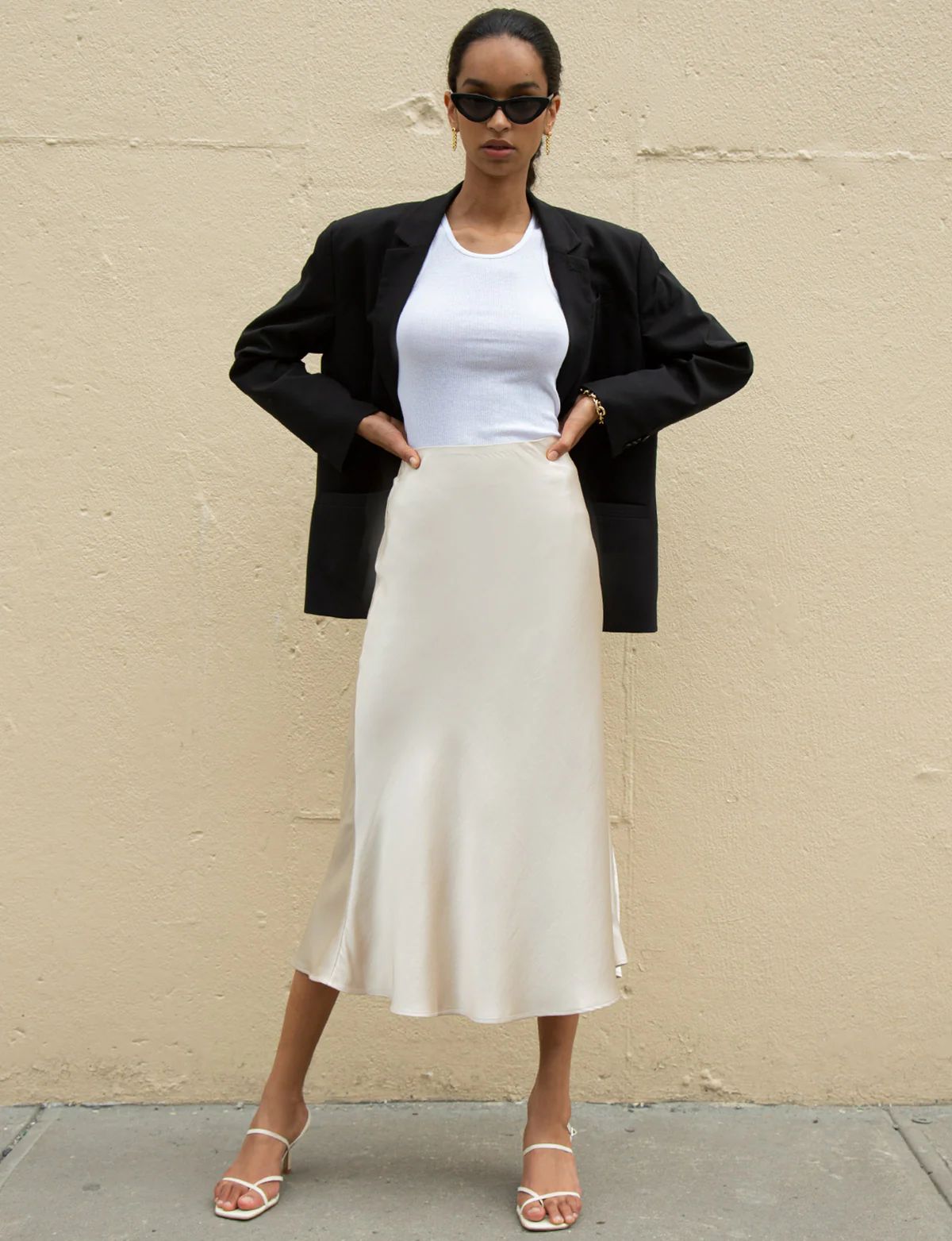 Rene Beige Satin Long Skirt-BESTSELLER | Pixie Market