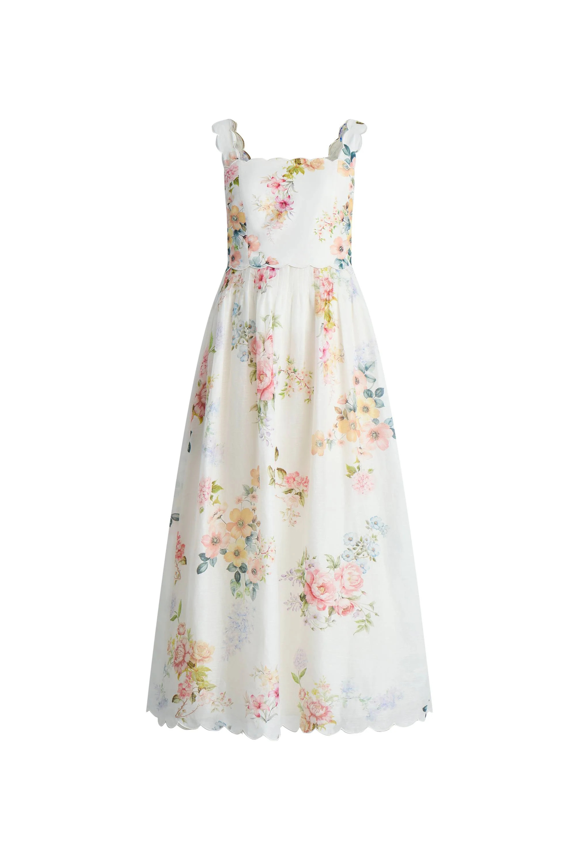Xena Watercolor Flora Embroidery Strap Dress in Silk-Linen | Fabrique