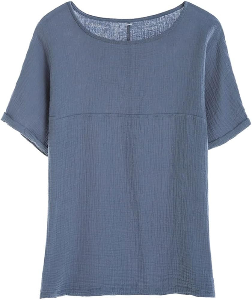 Soojun Women's Cotton Linen Round Collar Boxy Top Patchwork Blouses | Amazon (US)
