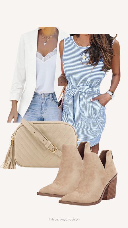 Spring dress outfit with a light blue striped dress, white blazer, nude crossbody bag, and elevated ankle boots.  
//Spring outfits 2024, wedding guest dress, spring work wear, work outfit, Easter outfit, Easter dress, Amazon outfit ideas, casual outfit ideas, casual fashion, amazon fashion, amazon casual outfit, cute casual outfit, outfit inspo, outfits amazon, outfit ideas, Womens shoes, amazon shoes, Amazon bag, purse, size 4-6, early spring outfits, winter to spring transition outfit, spring outfit  #ltkworkwear #ltkwedding #ltksalealert

#LTKstyletip #LTKfindsunder50 #LTKshoecrush