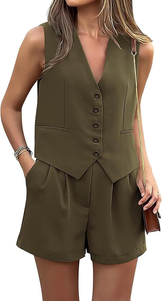 PRETTYGARDEN Womens 2024 2 Piece V Neck Sleeveless Button Down Vest Shorts Sets | Amazon (US)