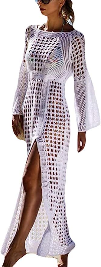 Women's Crochet Knitted Side Split Beach Cover Ups Long Dress | Amazon (US)